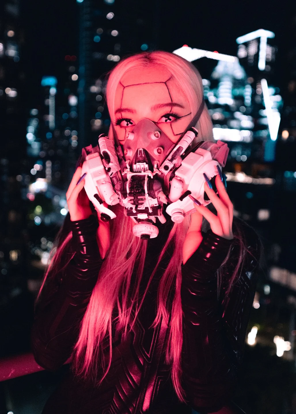 Cyber masked figure against a neon skyline
